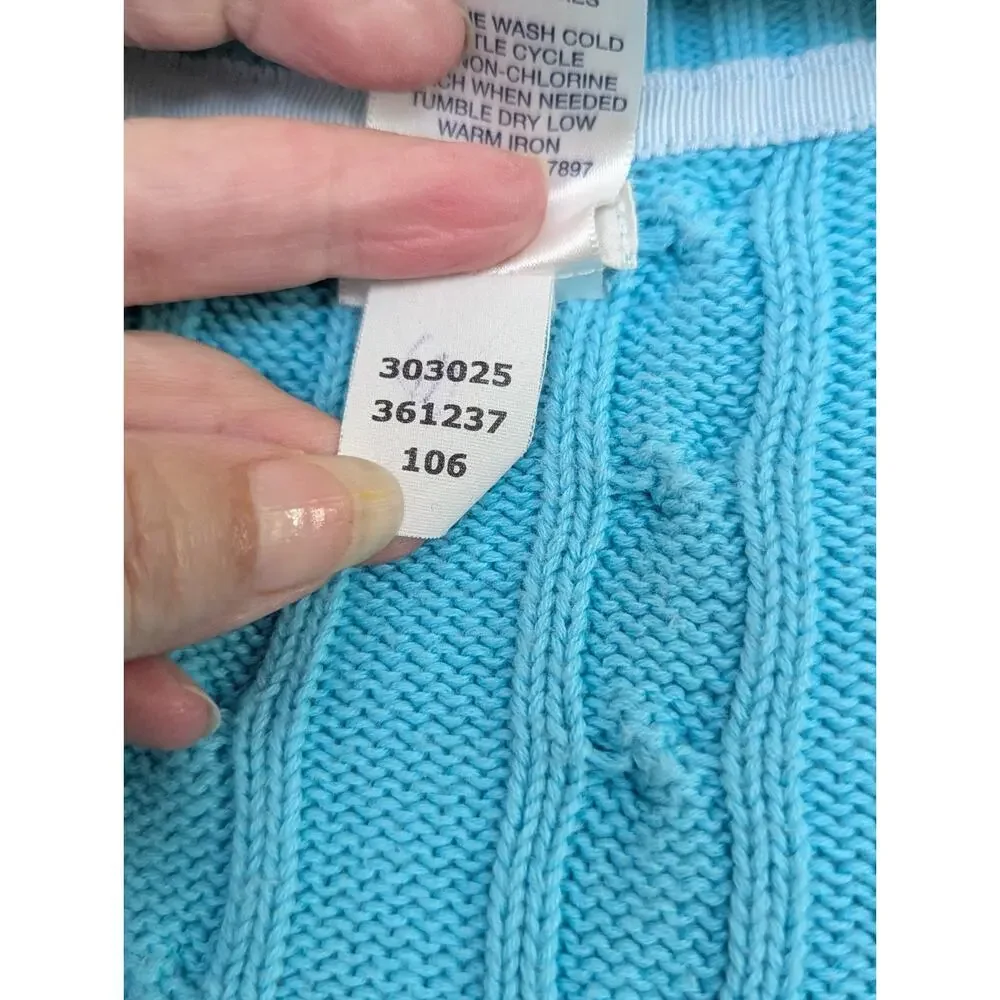 Old Navy Women's L Turquoise Blue Cable Knit V-neck Sweater Whale Logo Preppy